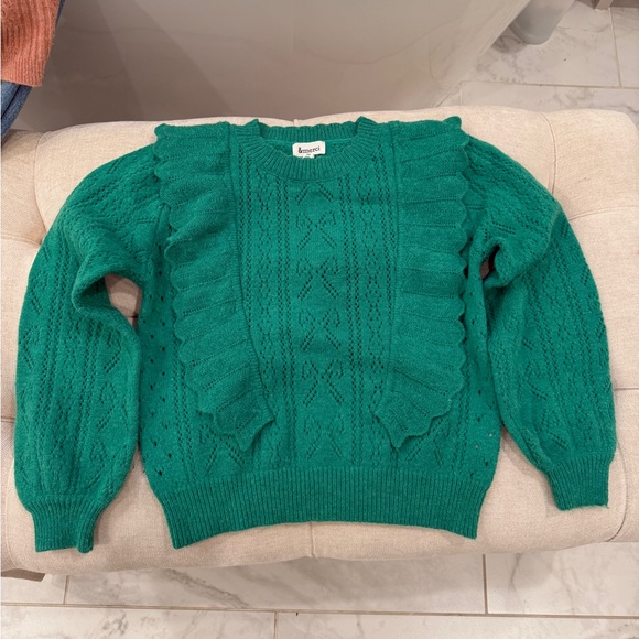 Sweaters - Green Pointelle Sweater with Ruffle Detail